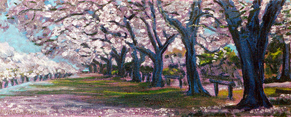 Landscape painting of jacaranda trees, by Patricia Kennedy