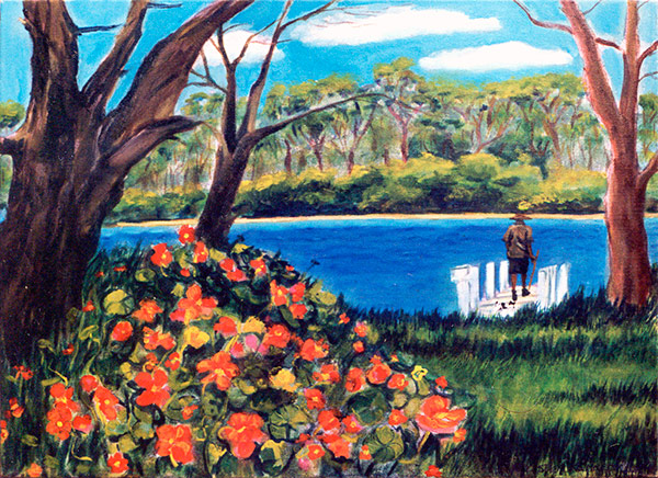Landscape painting of nasturtium flowers, trees, man and dock, by Patricia Kennedy